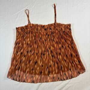 Nine West Top Rust Orange Ikat Leopard Pleated Smocked Spaghetti Strap Size L